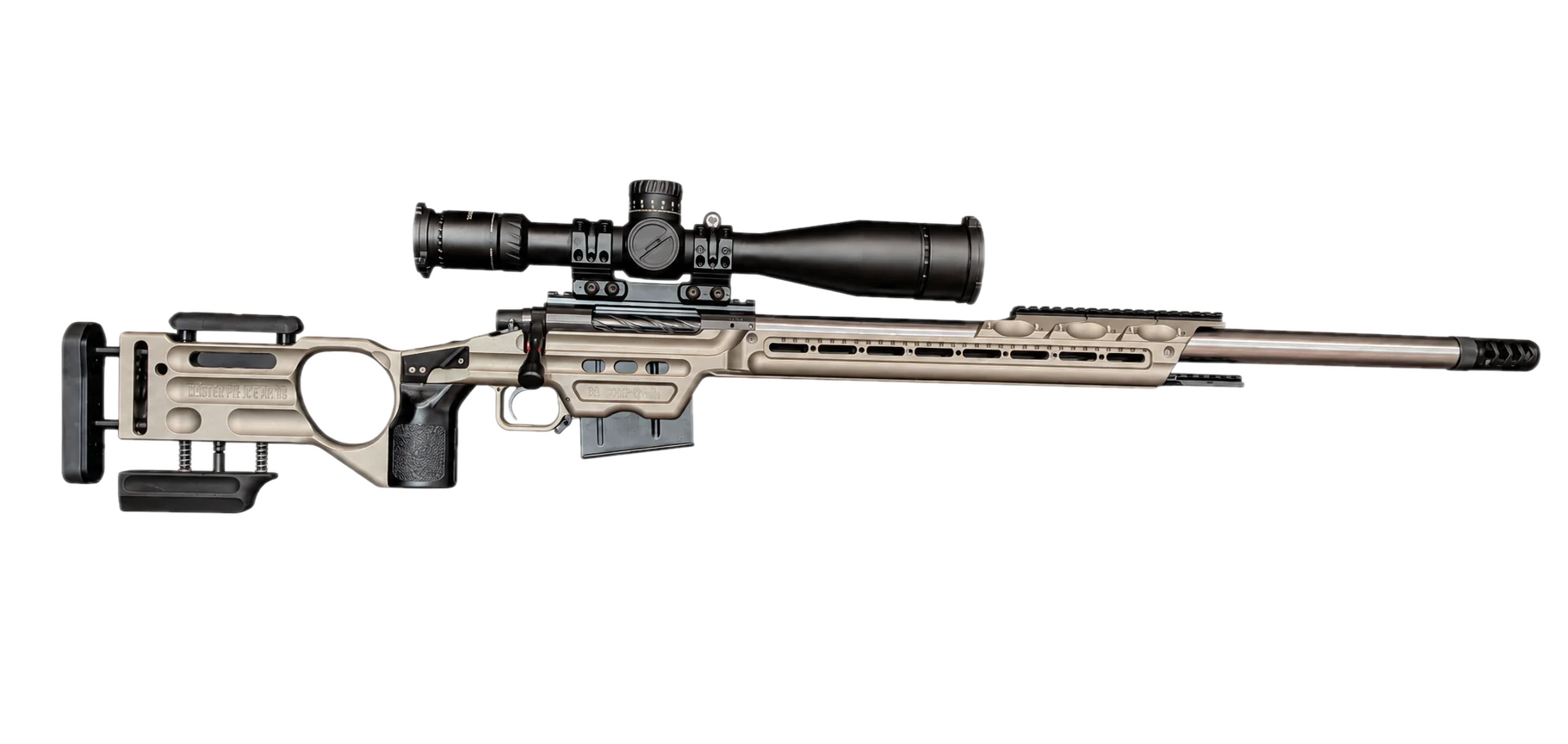The King of the Mile, a hand-built American Precision Rifleworks .300 Norma Magnum bolt-action precision rifle in FDE Cerakote with Tangent Theta optic and Area 419 muzzle brake.