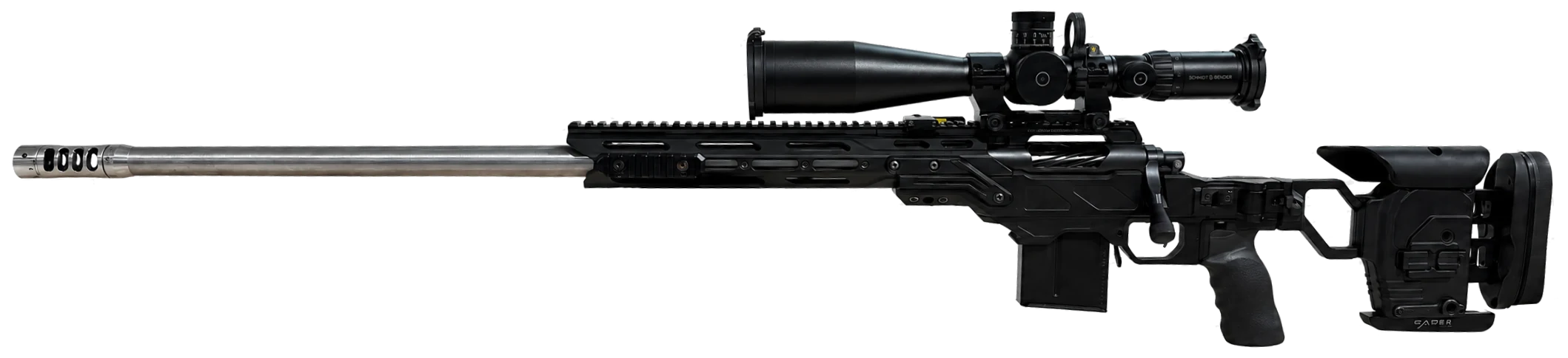 A custom American Precision Rifleworks 6.5×284 Norma precision rifle built on a Stiller action and Cadex Field Tactical chassis with a Schmidt & Bender 5–25× optic.